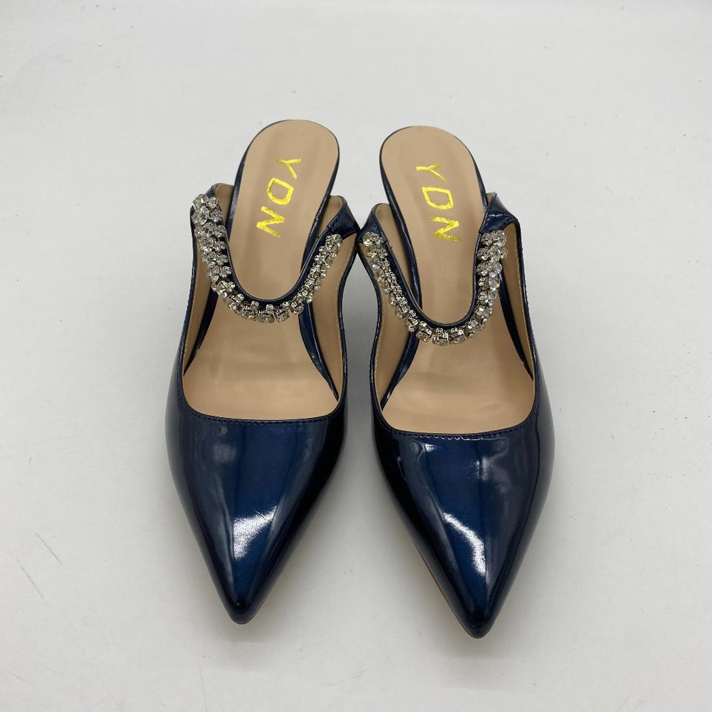 YDN blue patent leather pointy toe sliver spiral low heels slingback shoes